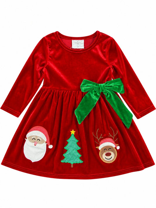Girls red velvet Christmas dress with green bow and Santa, tree and reindeer appliqués - Alternative view