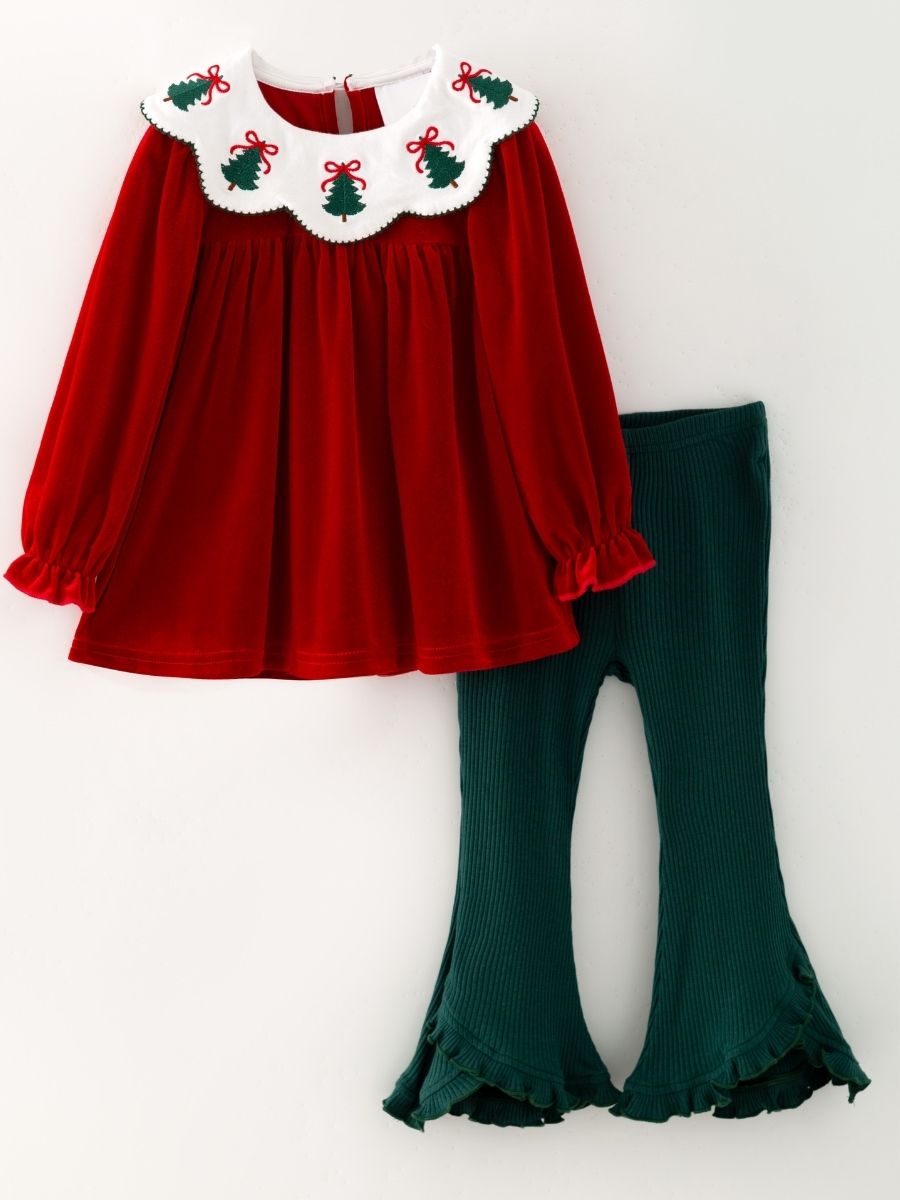 Red velvet girls outfit with embroidered Christmas tree collar and green bell bottoms