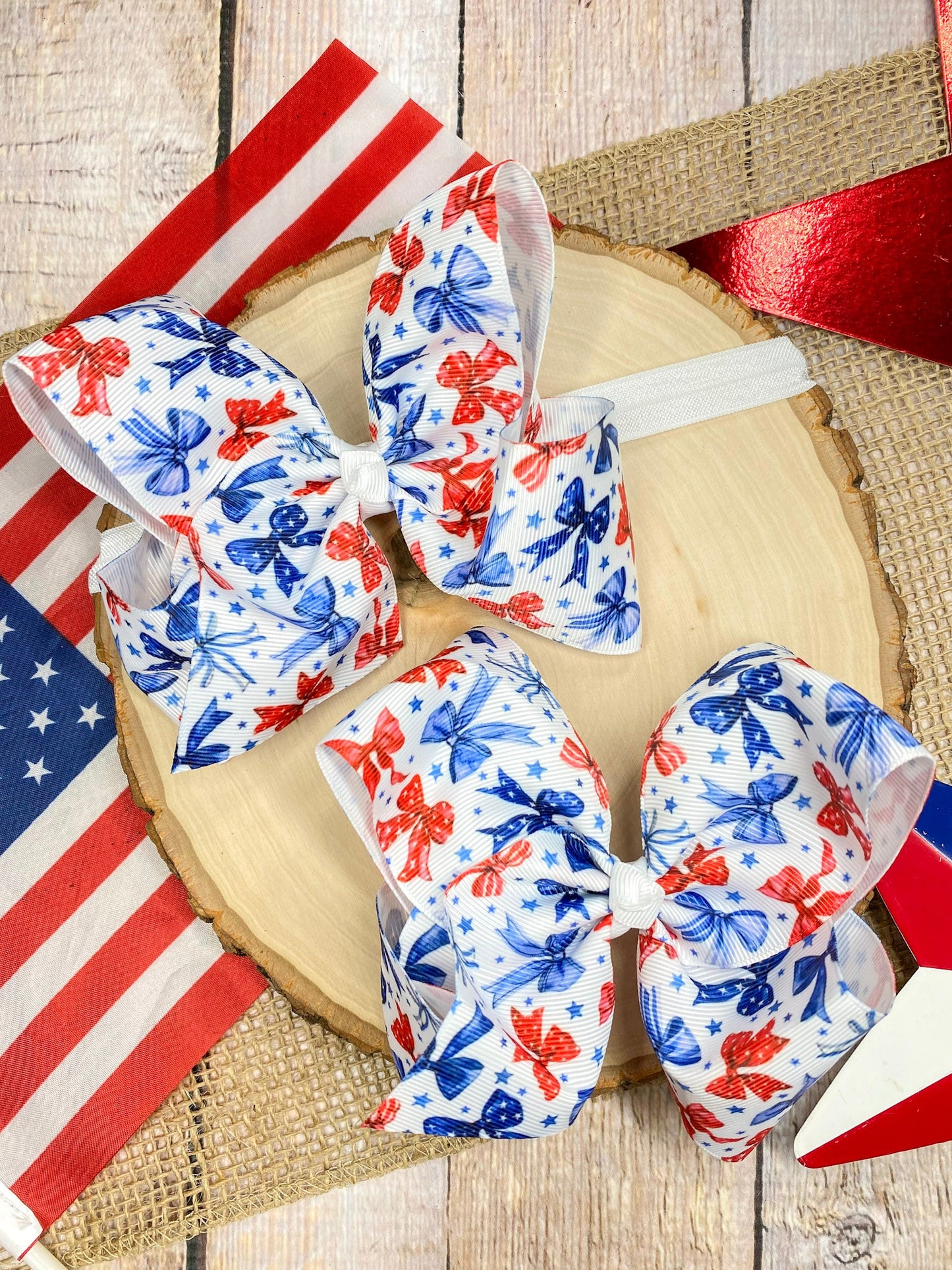 Red White & Blue Bow Print on a wooden background