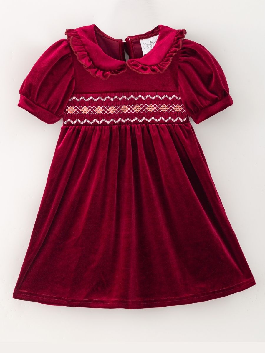 Red Girls Velvet Smocked Peter Pan Dress with ruffled collar and puff sleeves