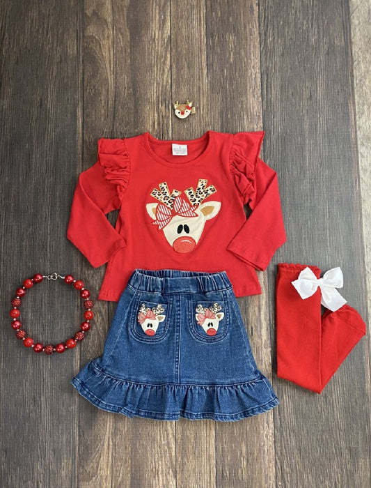 This red cotton top features an adorable red nosed reindeer with animal print antlers applique and ruffled shoulders. The denim skirt is ruffled with reindeer on the pockets. - Alternative view