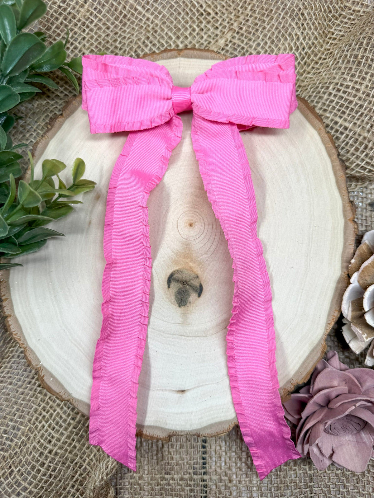 pink ruffle-edge long-tail grosgrain hair bows