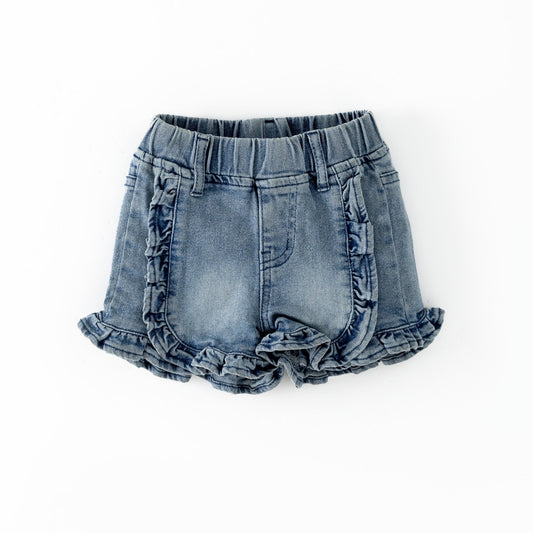 Denim shorts with ruffled edges on a white background - Alternative view
