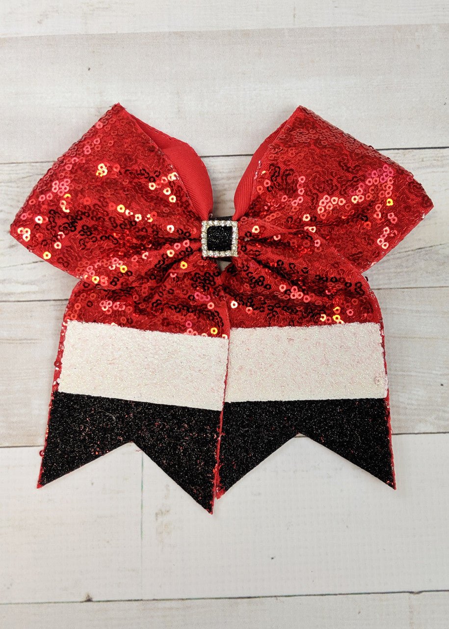 Sequin Christmas Santa Claus large cheer style bow for girls. Alligator clip backing, approximately 7" across.