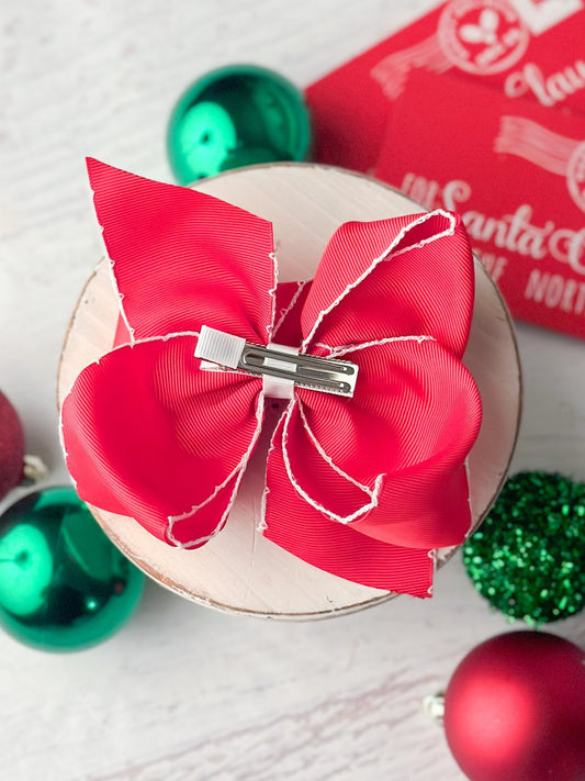 Back of the Santa Embroidered Hair Bow showing alligator clip - Alternative view