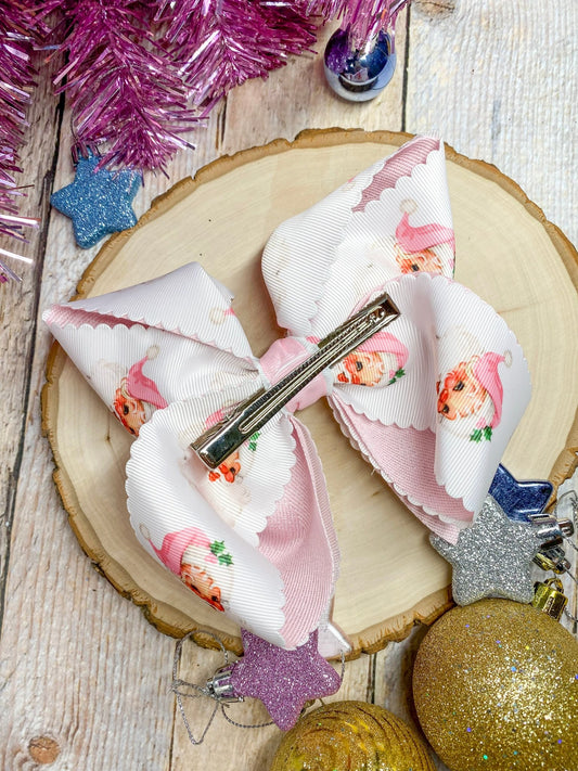Back of pink scalloped Santa print glitter hair bow - Alternative view