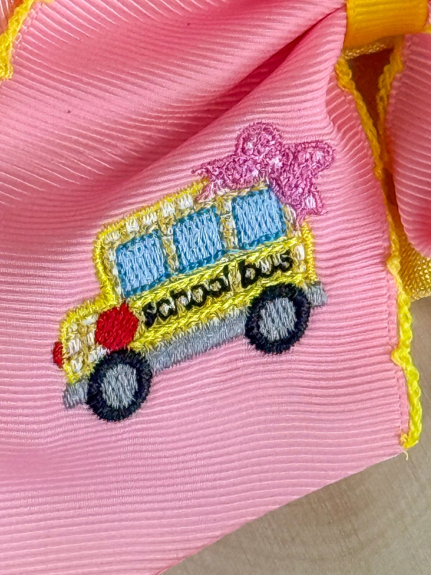 School Bus Embroidered Moonstitch Bow Headband flat lay