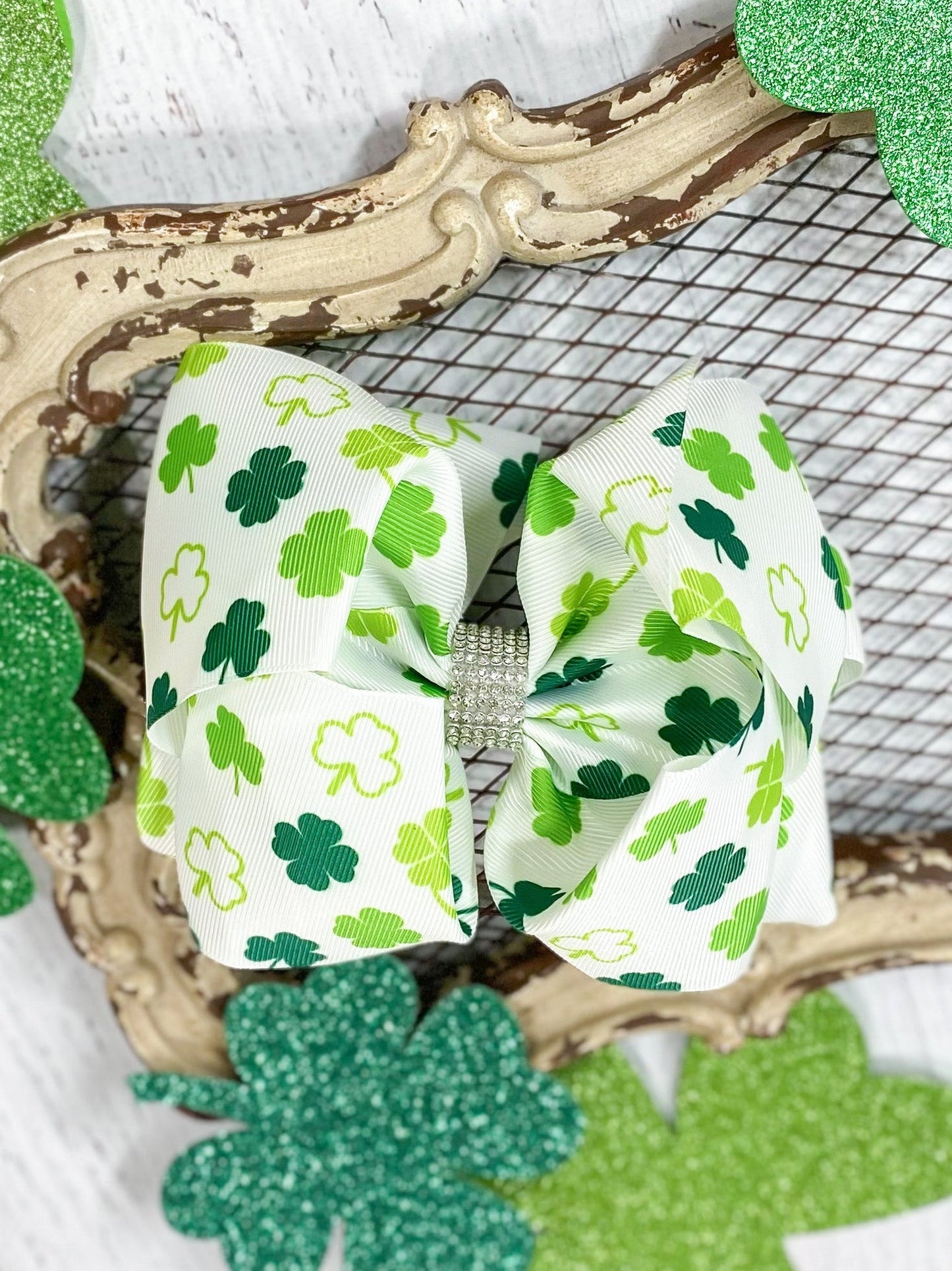 shamrock hair bow with rhinestone center