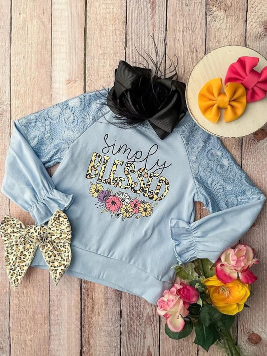 Blue Long Sleeve Top With Lace, Simply Bless & Floral Print. - Alternative view