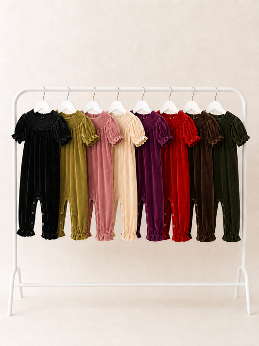 girls smocked velvet holiday rompers in 8 colors on clothing rack - Alternative view