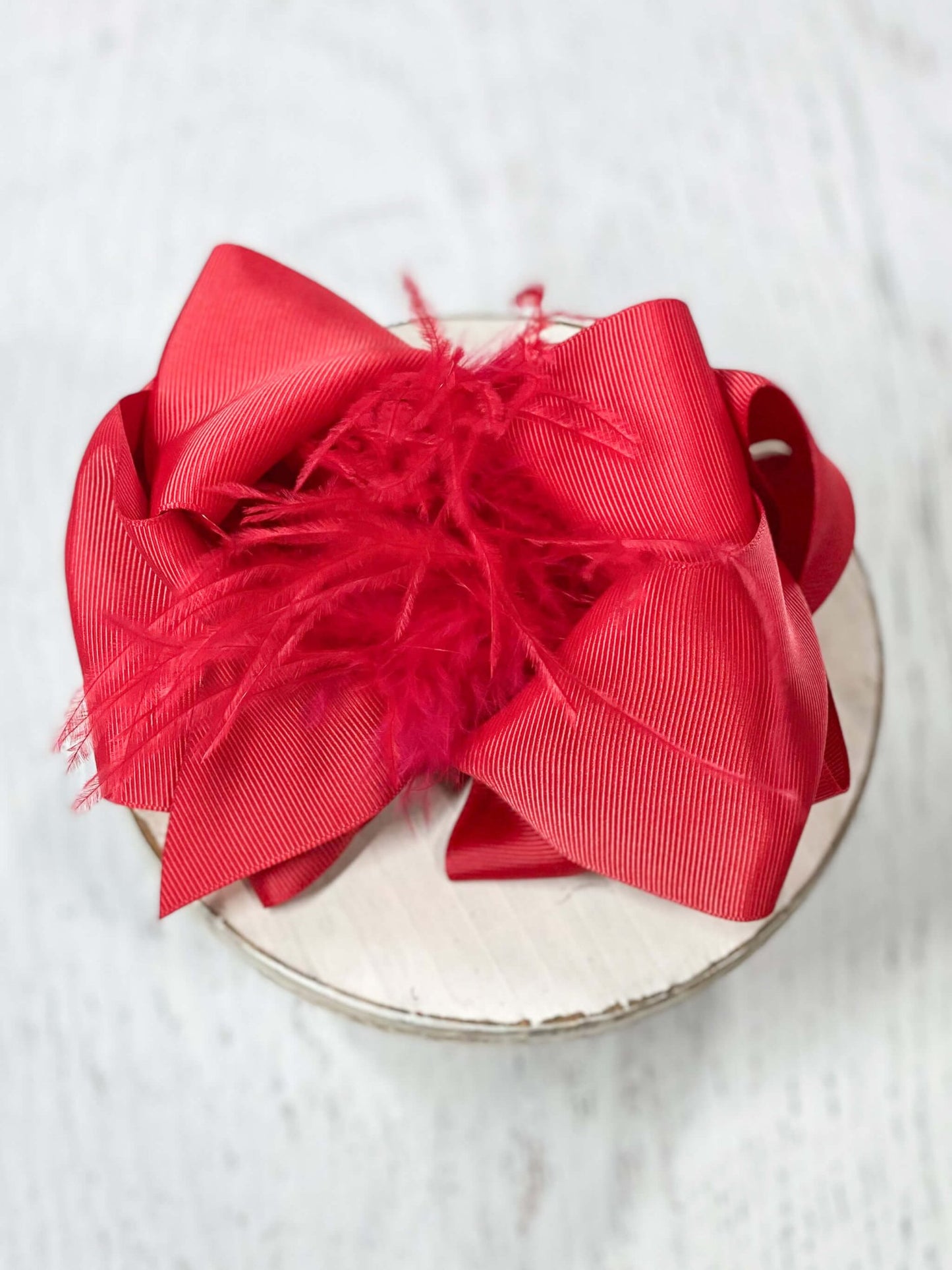 Texas Size Feather Puff Looped Knot Hair Bow Red