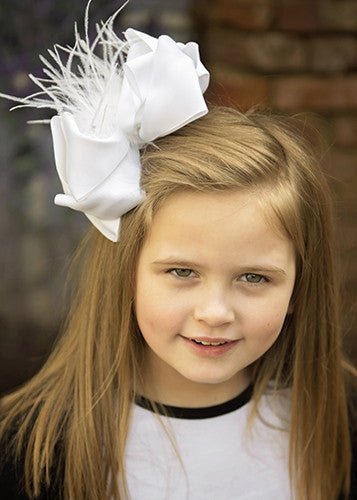 Texas Size Feather Puff Looped Knot Hair Bow White