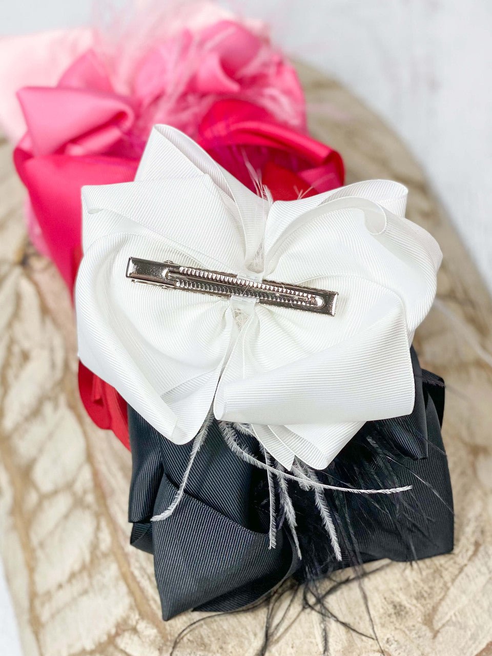 Texas Size Feather Puff Looped Knot Hair Bow Back Clip