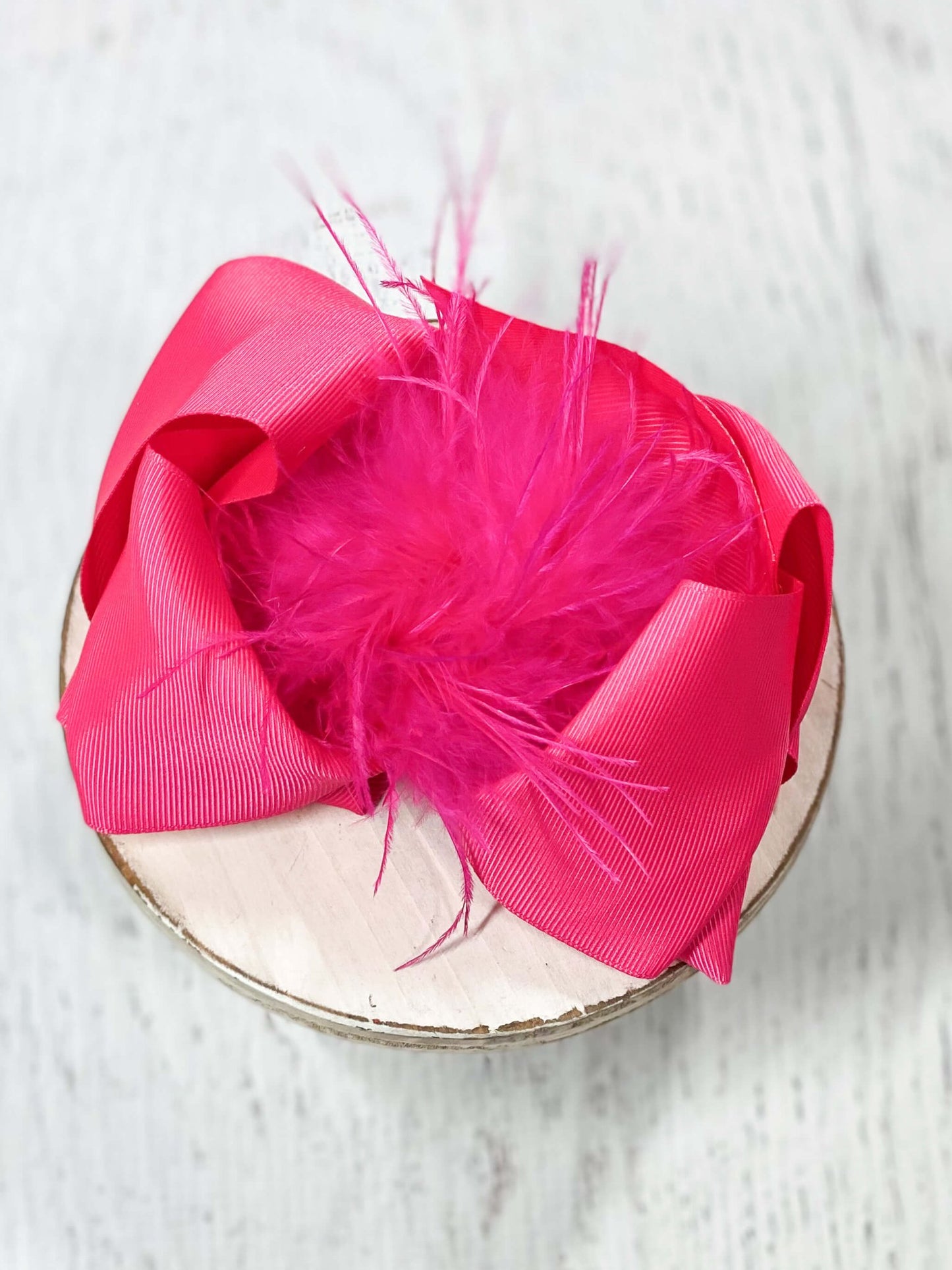 Texas Size Feather Puff Looped Knot Hair Bow Hot Pink