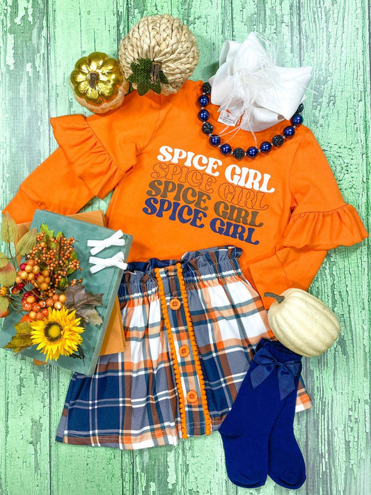 Orange "spice girl" screen print ruffled top with plaid skirt set. - Alternative view