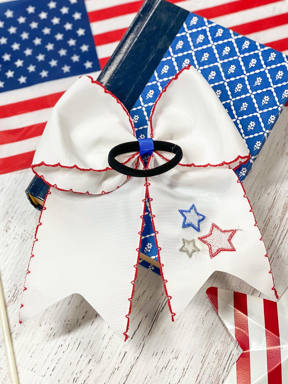 Red White & Blue Stars Embroidered Cheer Bow (Back)