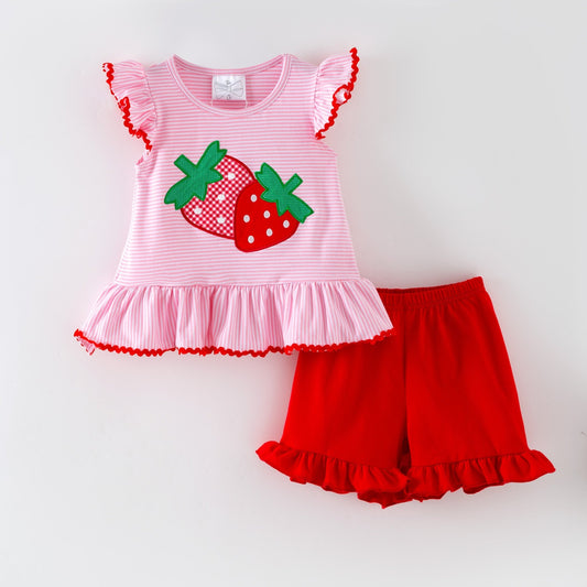 Girls Strawberry boutique outfit with pink ruffled top and red shorts on a white background - Alternative view