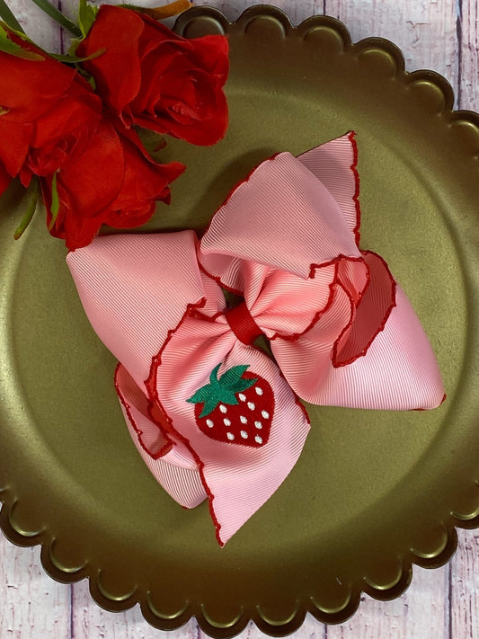 Strawberry embroidered moonstitch hair bow flat lay - Alternative view