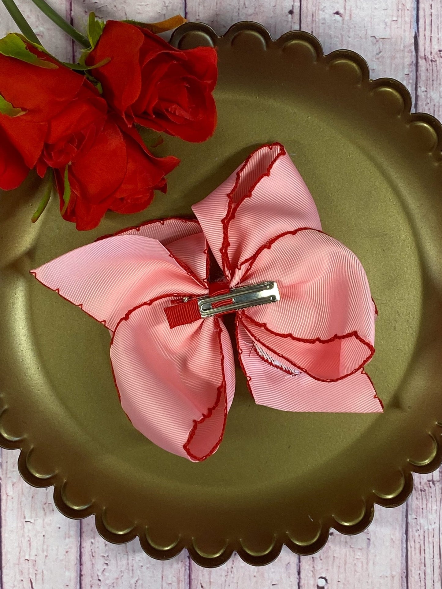 Back of the Strawberry Embroidered Moonstitch Hair Bow