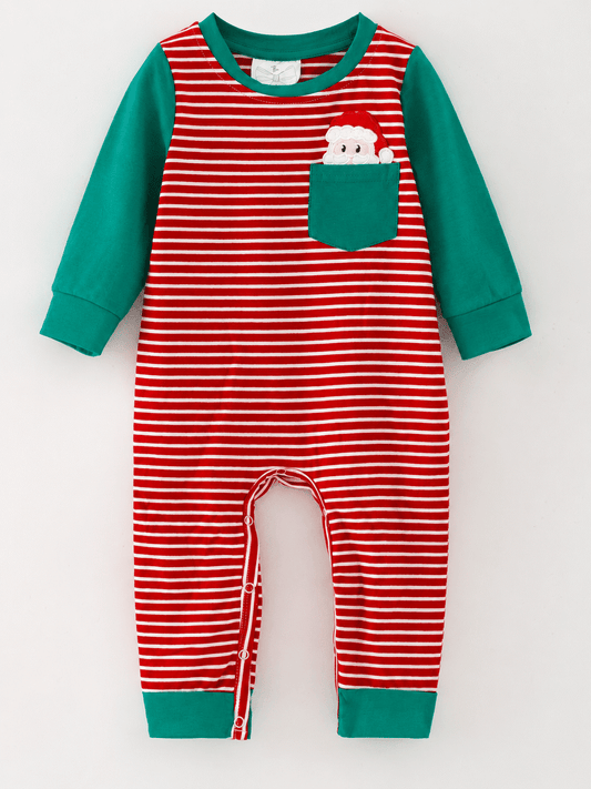 Baby boy red striped Christmas romper with green sleeves and Santa pocket - Alternative view