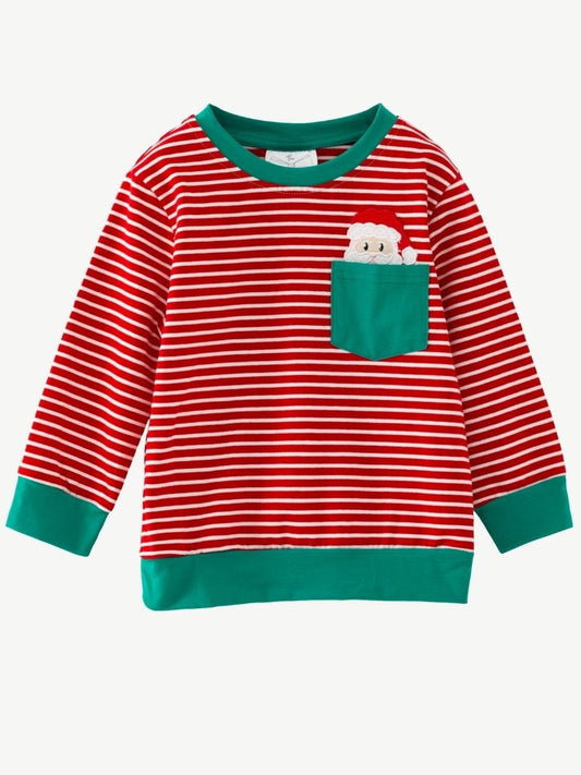 Boys red striped Christmas shirt with green trim and Santa pocket applique - Alternative view