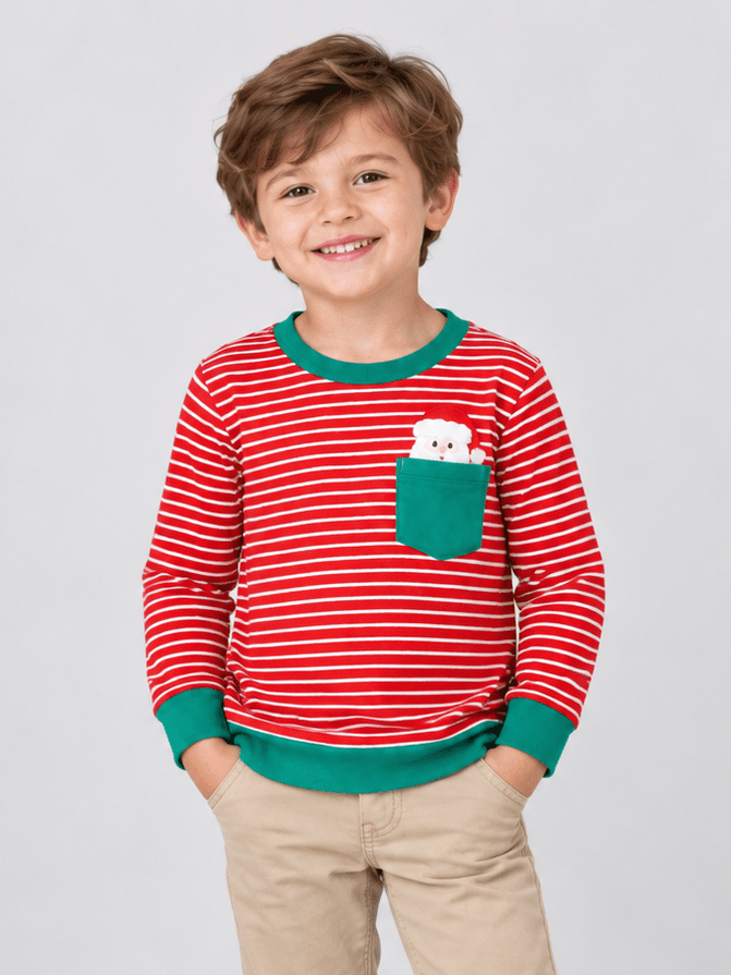 Boys red striped Christmas shirt with green trim and a Santa pocket appliqué