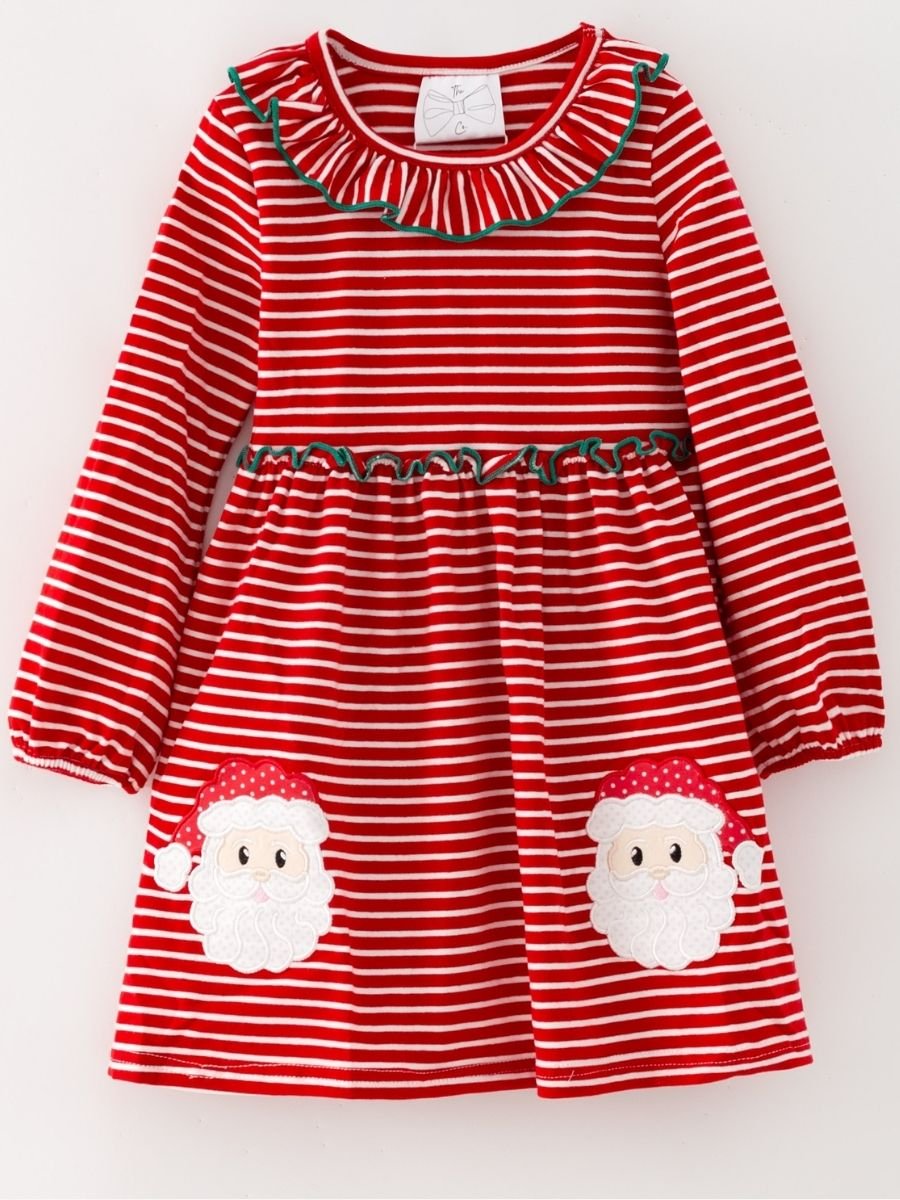 Striped Santa Face Girls Christmas Pocket Dress