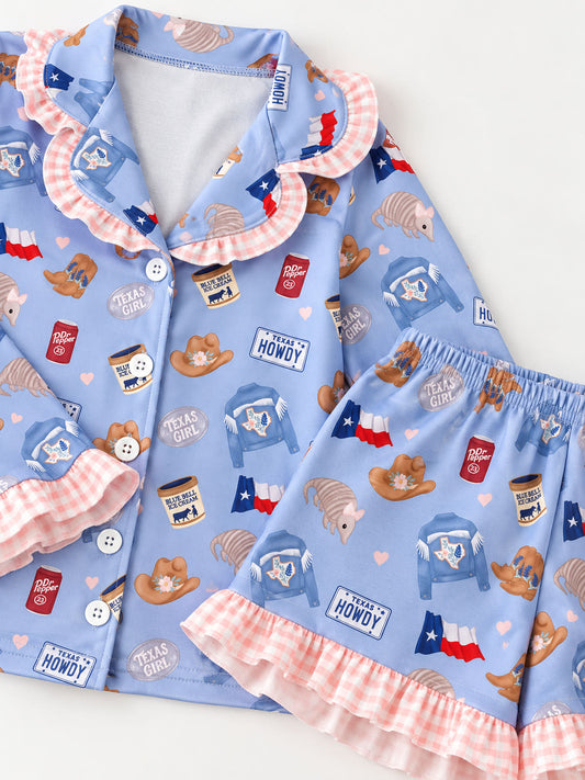 Girls Texas print pajama top and ruffle shorts with pink gingham trim - Alternative view