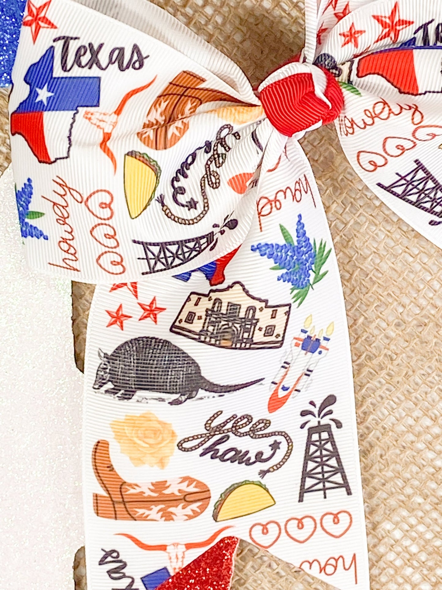 Close up of the Texas Printed Ribbon Cheer bow