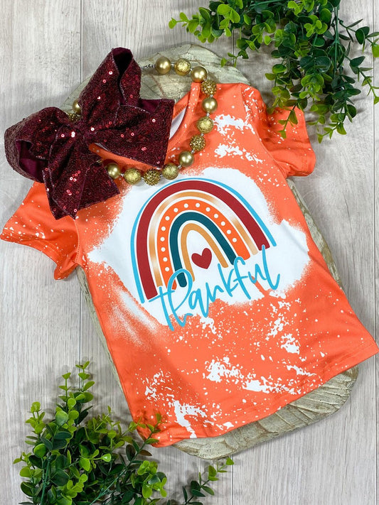 Orange tee with a rainbow and Thankful print - Alternative view