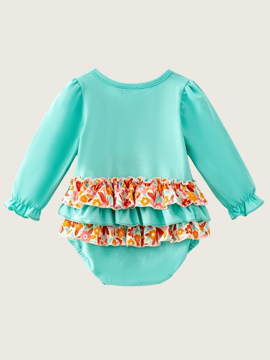 Back of aqua Thanksgiving infant bubble romper with layered floral-print and aqua ruffles