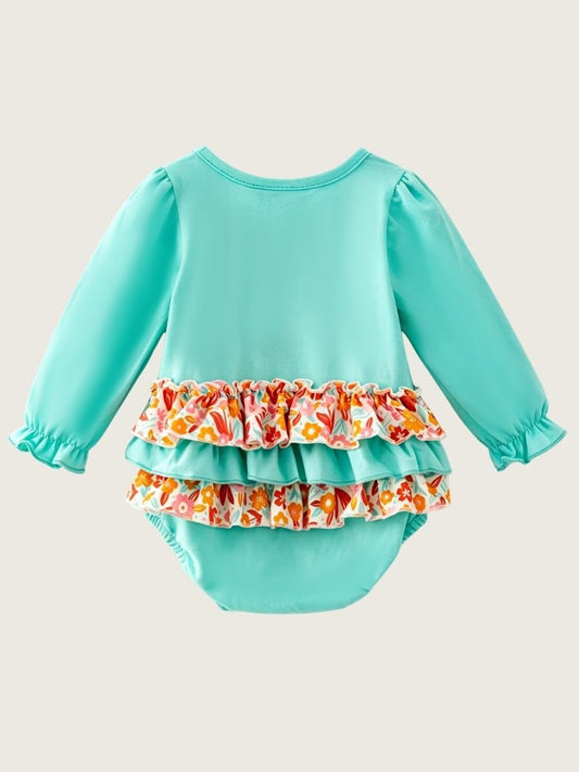Back of aqua Thanksgiving infant bubble romper with layered floral-print and aqua ruffles - Alternative view