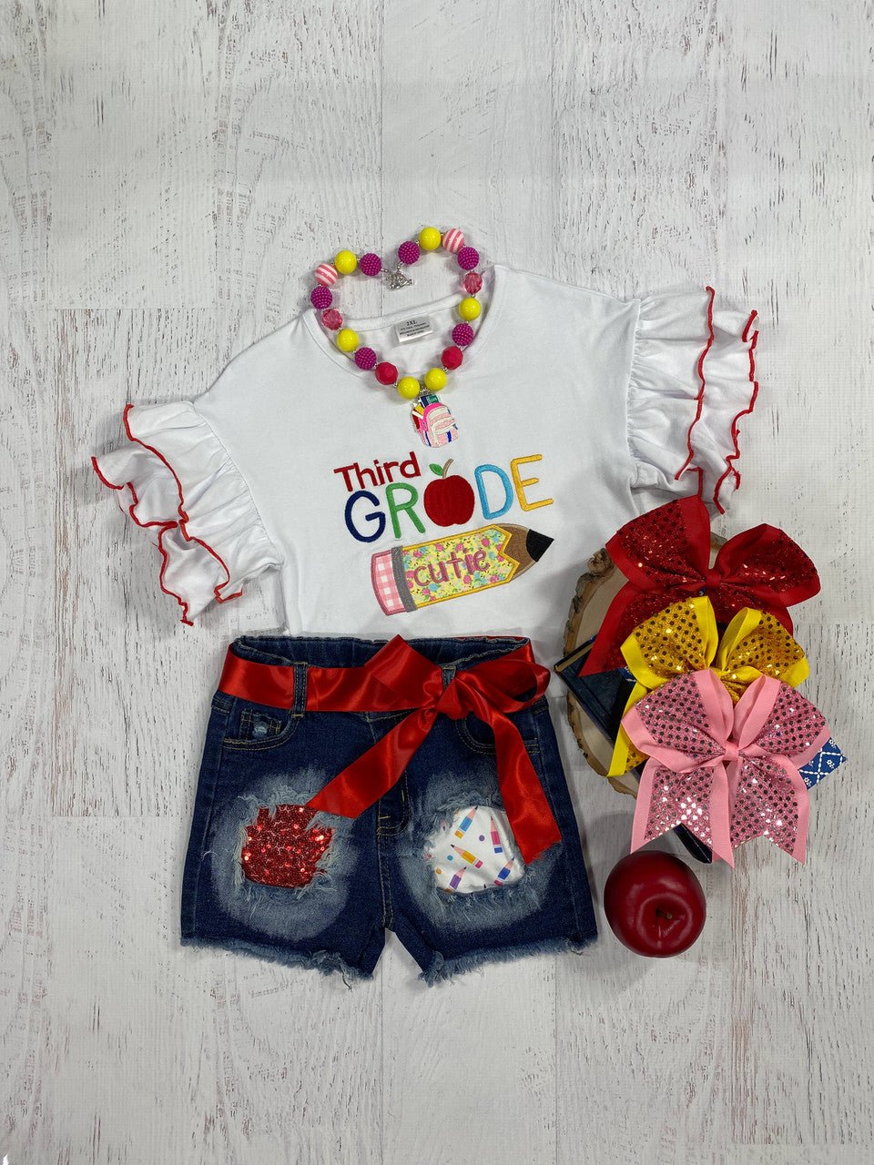 Third grade cutie embroidery ruffle sleeve shirt with denim patchwork shorts.