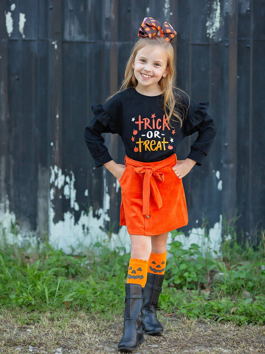 trick or treat black long sleeve shirt with orange tie skirt outfit on model - Alternative view