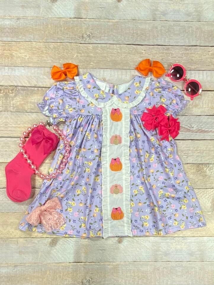 Turkey & Pumpkin Embroidered Floral Dress