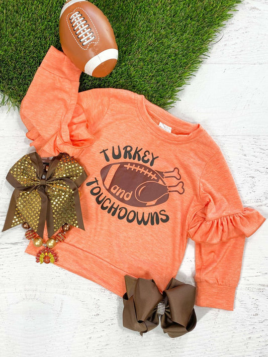 Orange long sleeve ruffle top with a football turkey design - Alternative view