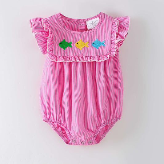 Pink baby romper with ruffled sleeves and fish appliqués on a white background - Alternative view