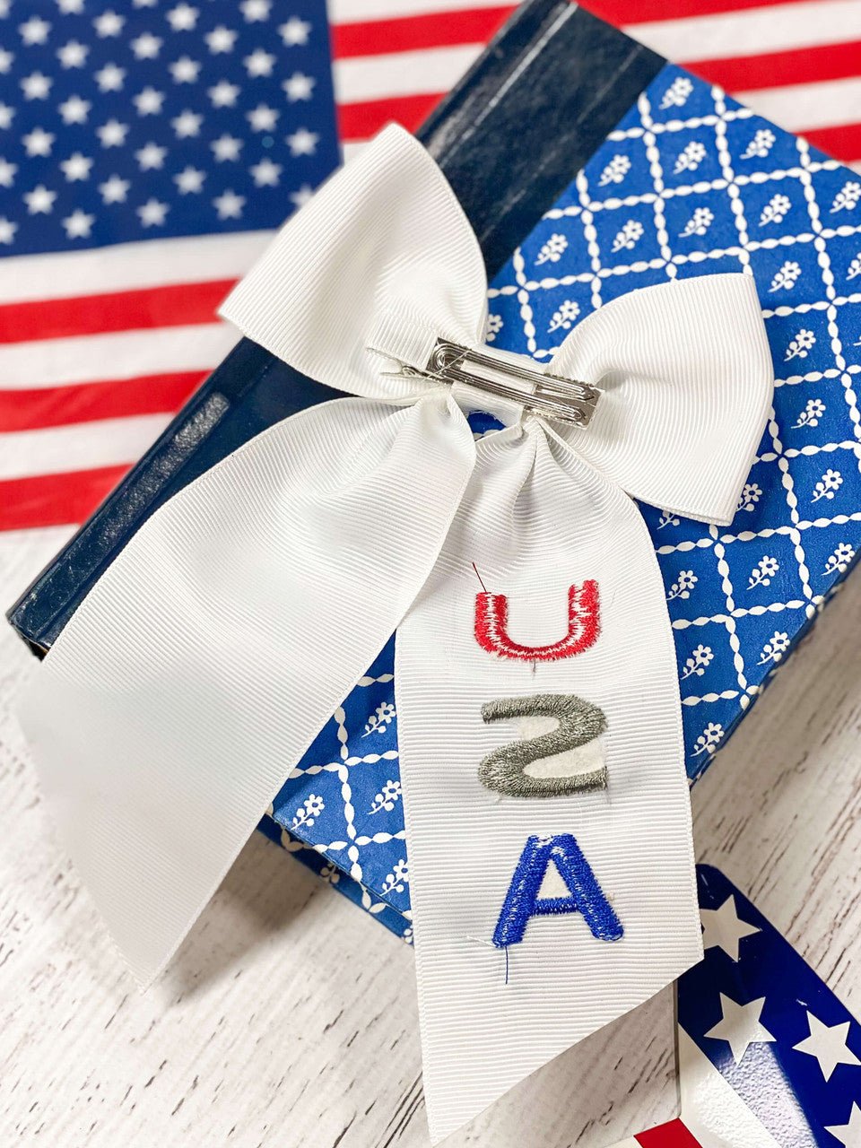 Red, White & Blue USA Embroidered Cheer Bow (Back)
