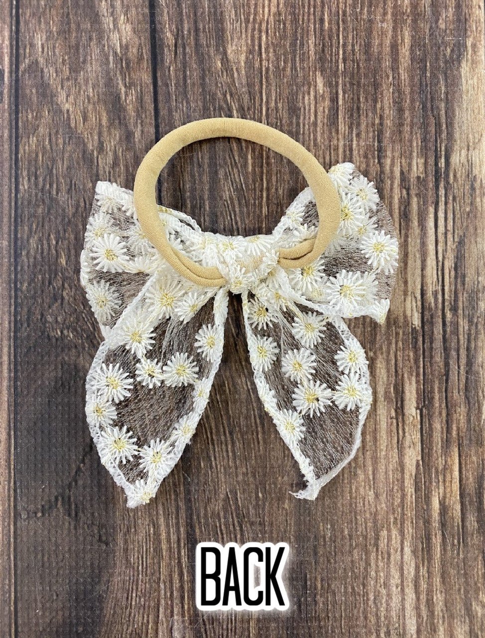 White lace daisy bow hair tie