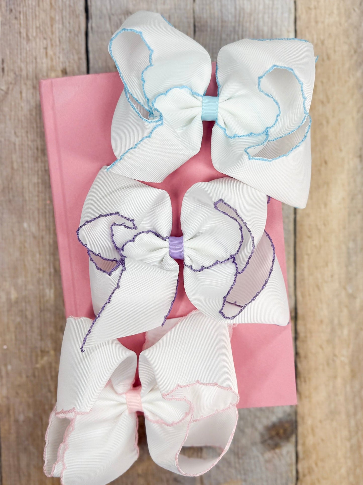 trio of pastel moonstitch hairbows