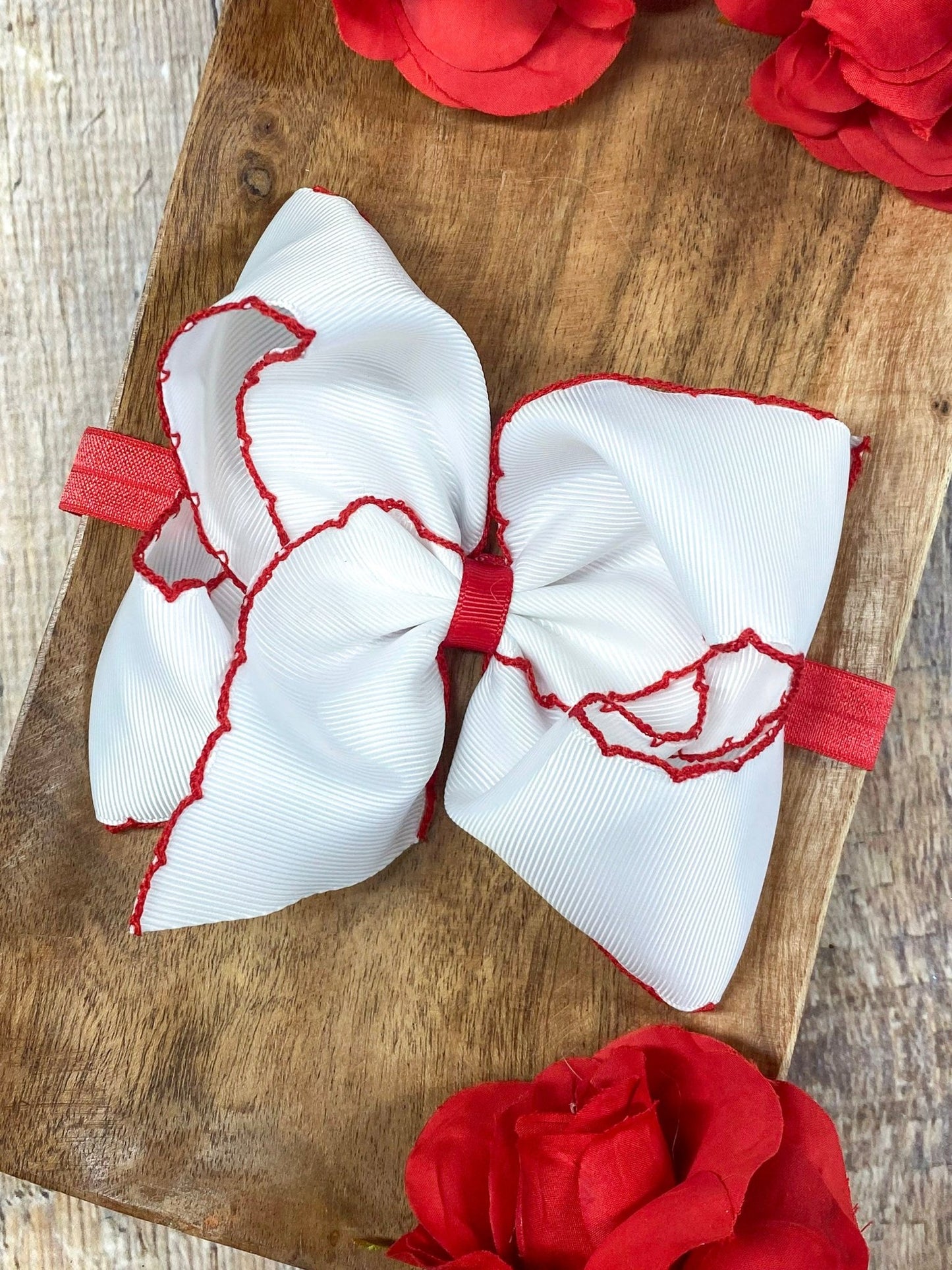 White with Red Moonstitch Bow Headband