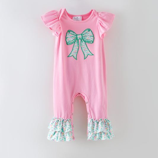 Pink baby romper with a bow design on a white background - Alternative view