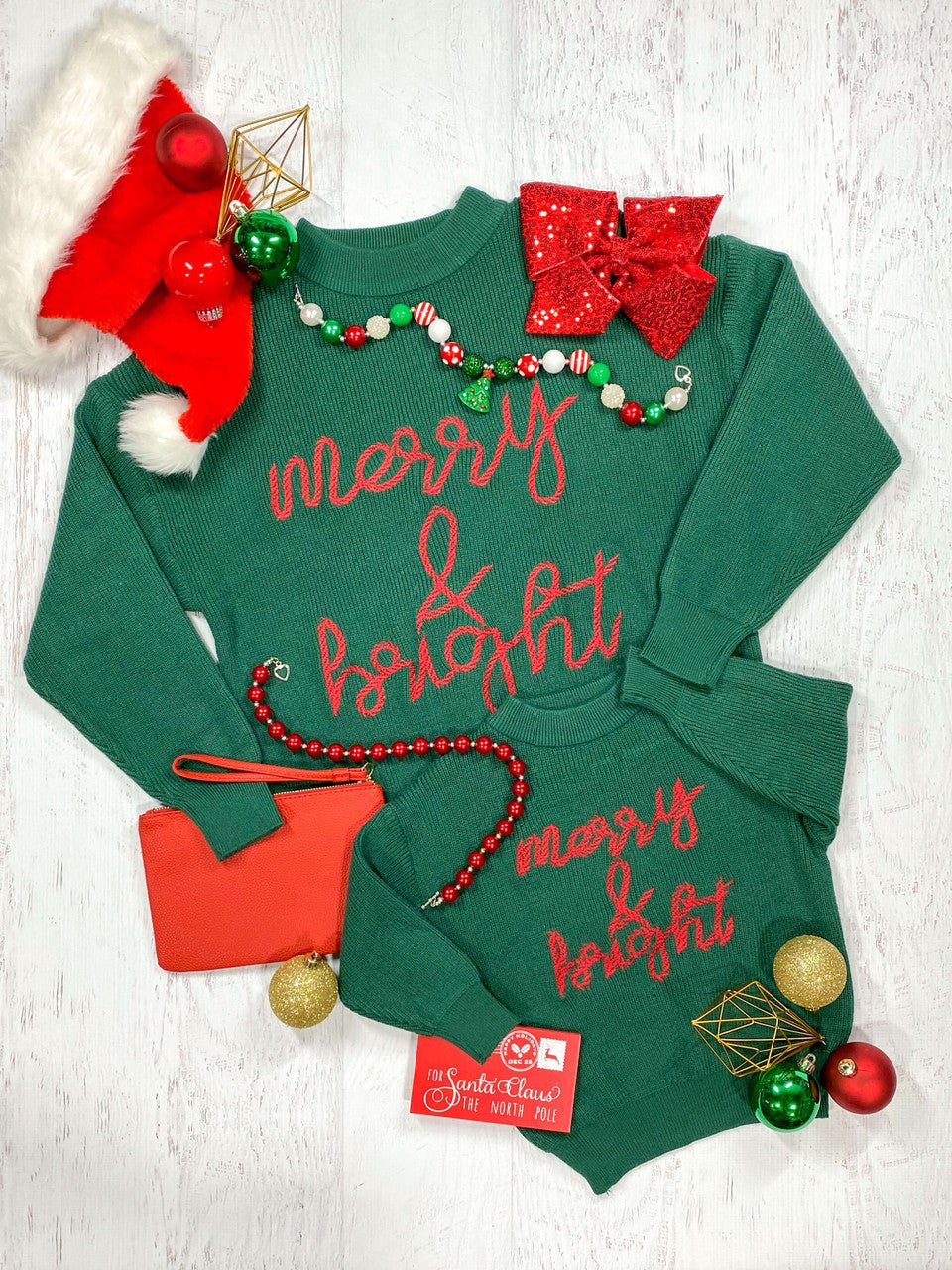 Mommy & Me green sweater with Merry & Bright in red