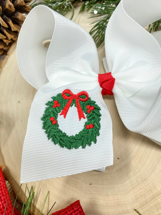 Wreath Embroidered Hair Bow on a wooden background - Alternative view