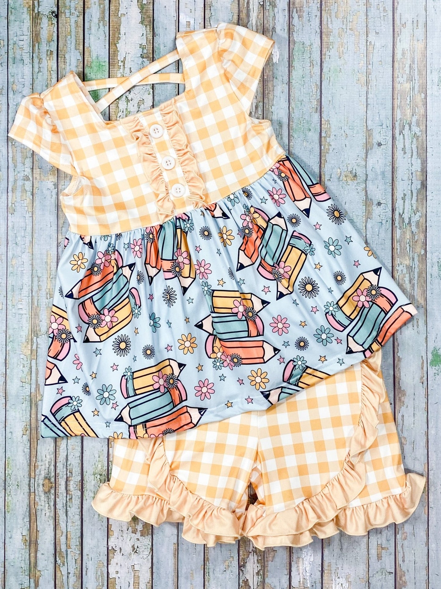 Yellow Gingham and Pencils print ruffled shorts set