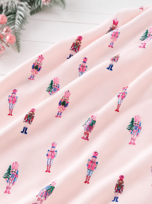 Pink Nutcracker Christmas minky baby blanket zoomed in showing fabric detail - Alternative view