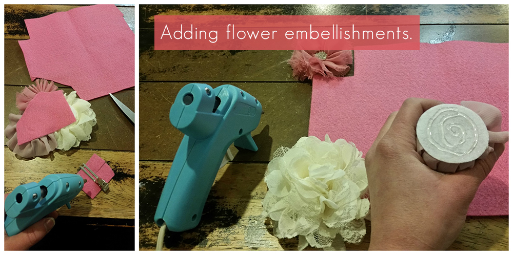 Adding flower embellishments to a DIY Flower Girl Tutu Dress. 