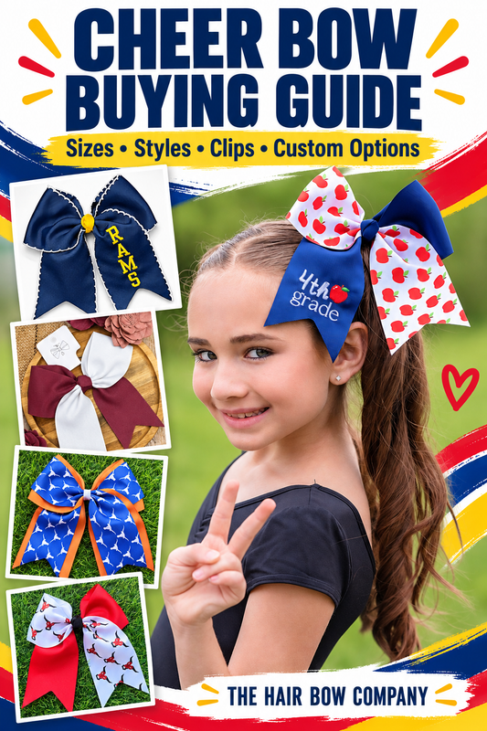 Custom cheer bow buying guide with sizes, styles, clips and personalization options.