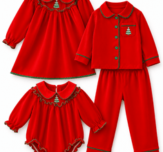 Red Christmas tree embroidered sibling pajamas with a girls’ nightgown, baby romper, and two-piece set.