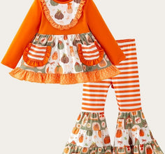 Girls pumpkin bell bottom outfit with orange ruffle top and striped pants
